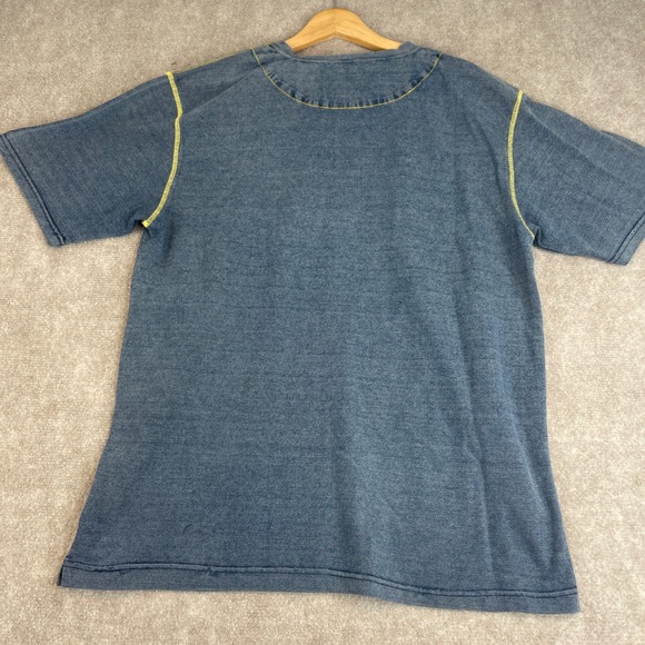 DUR ESCAPE LAND Denim Look TShirt Yellow Stitching L Mens Casual Short Sleeve - Picture 11 of 12